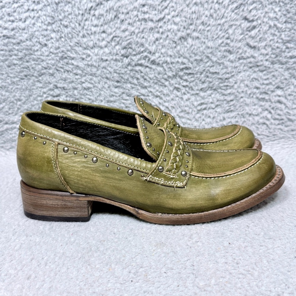 Freebird Myla Womens Size 8 Slip On Oxford Loafers Olive Green Leather Studded
